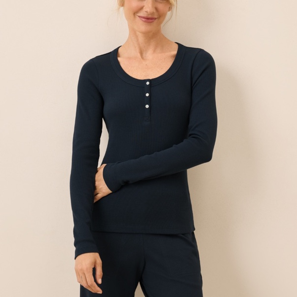 Pact Organic Easy Rib Henley Long Sleeve Basic Tee Top Navy Womens L Loungewear